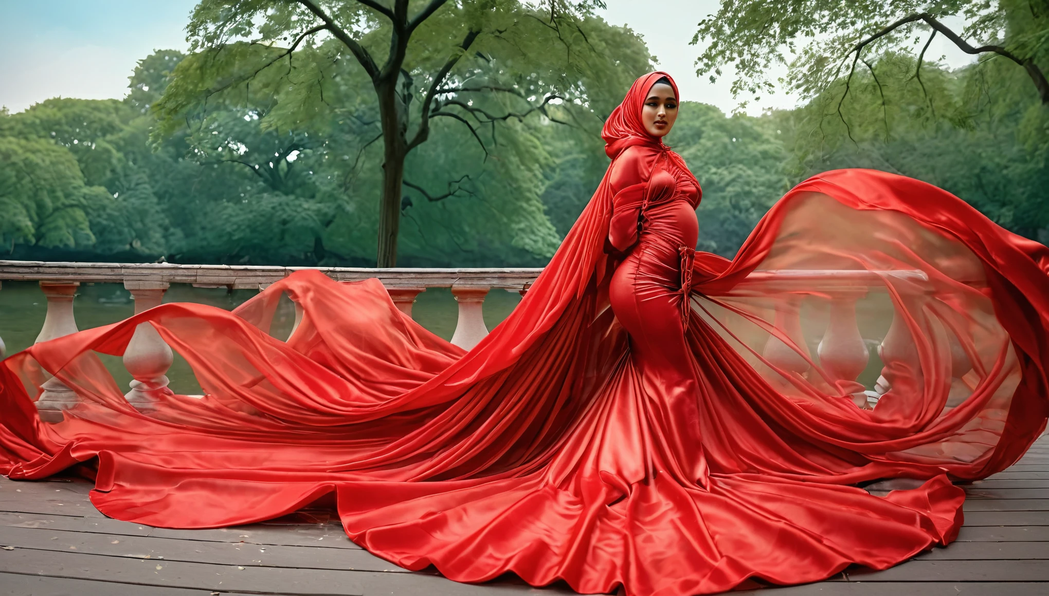 A woman shrouded in a 8-meter-long, plush red transparent satin cloth, tightly bound and grandly draping along the form of her body, flowing off into a pooled floor-length train, styled in a mermaid-inspired outfit, her head modestly veiled in a transparent satin hijab, sexy,175 height woman, dancing in central park, a full-body pose conveying a sense of elegance, captured in a 4k resolution, ultra-realistic