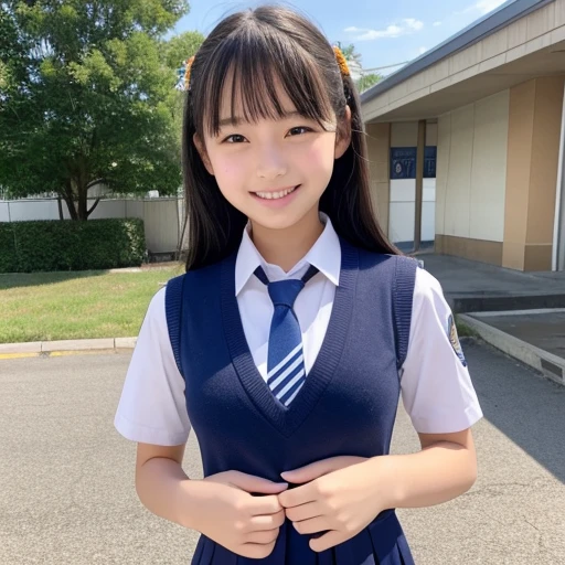 Standing in an empty schoolyard、Japanese high school girls、Cute idol style、uniform、mini skirt、Long black hair、Smiling、Full body portrait、Hands spread to the sides