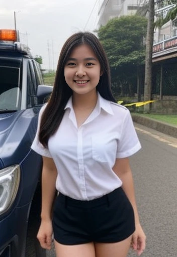 Cute Girl, fifteen years old, cute indonesian face, brown skin, innocent, happy, sexy pose, cops, full body, police uniform