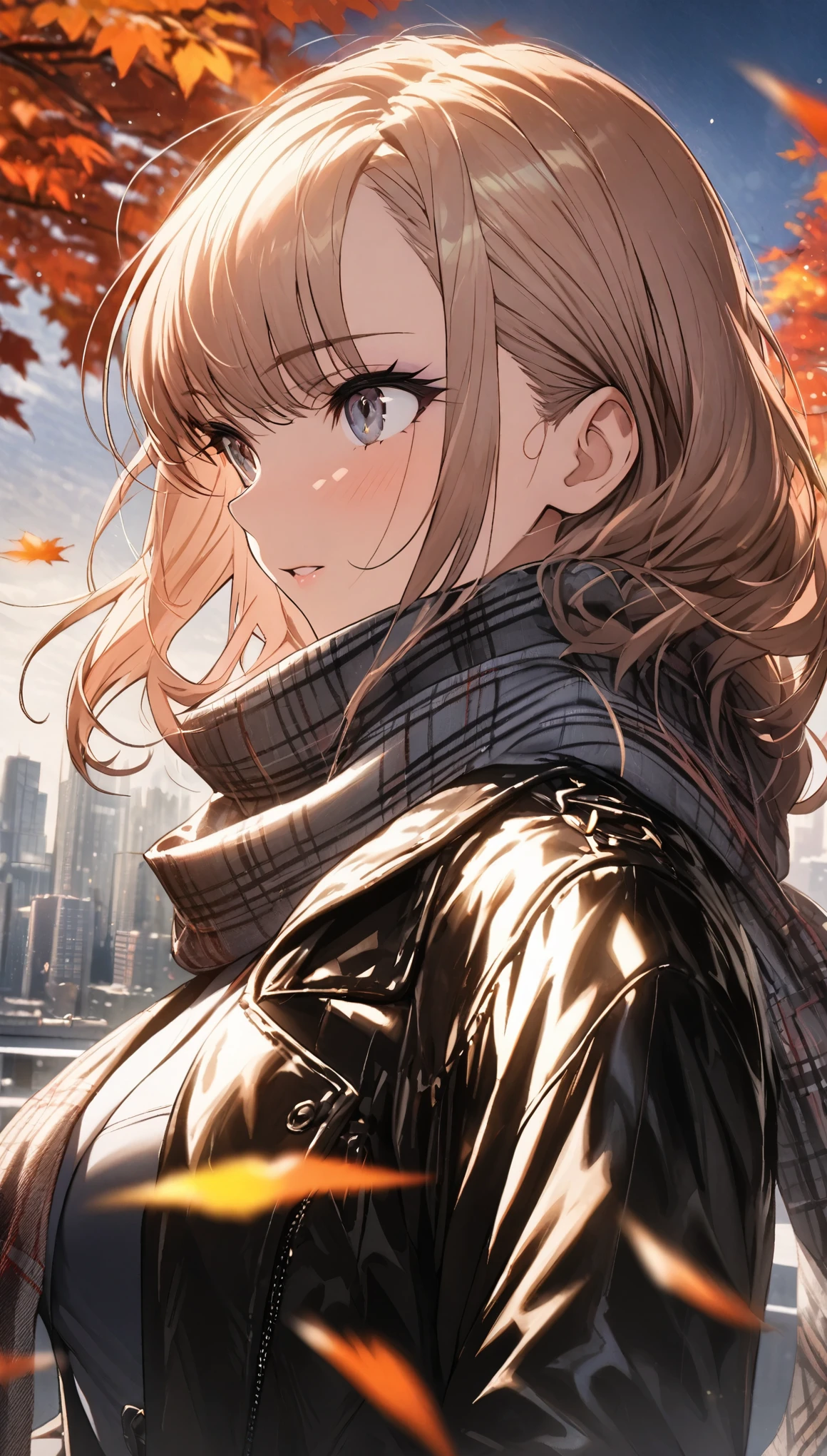 Highest quality, Great quality, 16K, Unbelievably absurd, Very detailed, delicate and dynamic, Natural light, The particles reflect light, Diffuse reflection of light, Many autumn-colored leaves fall, Beautiful urban street, Soft overcast sky, Diffuse reflection of light, Create amazing image effects, , Sleek, polished, Close-up(Confident woman, leather trench coat, Mysterious expression, Edgy girl, Sophisticated, allure, Dynamic, High-boots and plaid scarf, city backdrop, misty autumn morning)