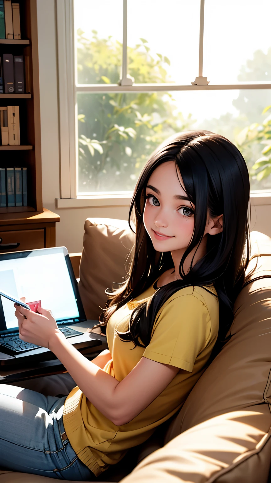 A young woman, with a warm smile and bright, inquisitive eyes, snapping a casual selfie. She sits on a plush couch, surrounded by books and laptop, her long dark hair cascading down her back. Soft morning light spills through the window, illuminating her features. Her fingers wrap gently around the camera as she captures her relaxed expression.