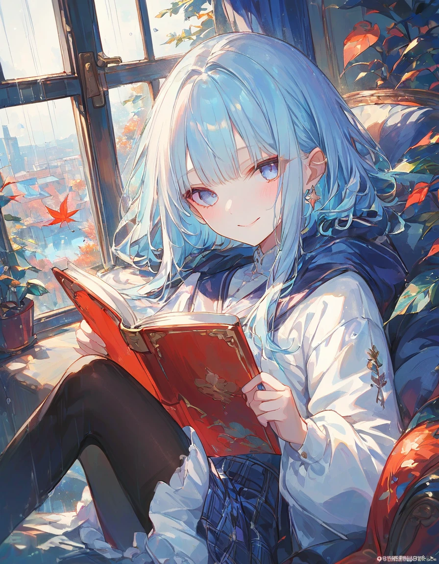 asterpiece, best quality, extremely detailed, (illustration, official art:1.1), 1 girl ,(((( light blue hair)))), ,(((( light blue long hair)))),light blue hair, ,((blush)) , cute face, big eyes, masterpiece, best quality,(((((a very delicate and beautiful girl))))),Amazing,beautiful detailed eyes,blunt bangs((((little delicate girl)))),(((tareme))),droopy eyes.(true beautiful:1.2), sense of depth,dynamic angle,,,, affectionate smile, (true beautiful:1.2),,(tiny 1girl model:1.2),)(flat chest),((rainy day)), (water on window), cozy apartment with plants, a woman reading a book, cozy bean bag chair, reading a book, detailed face、autumn , beautiful atmosphere, checked skirt, (elegant:1.1),tights,