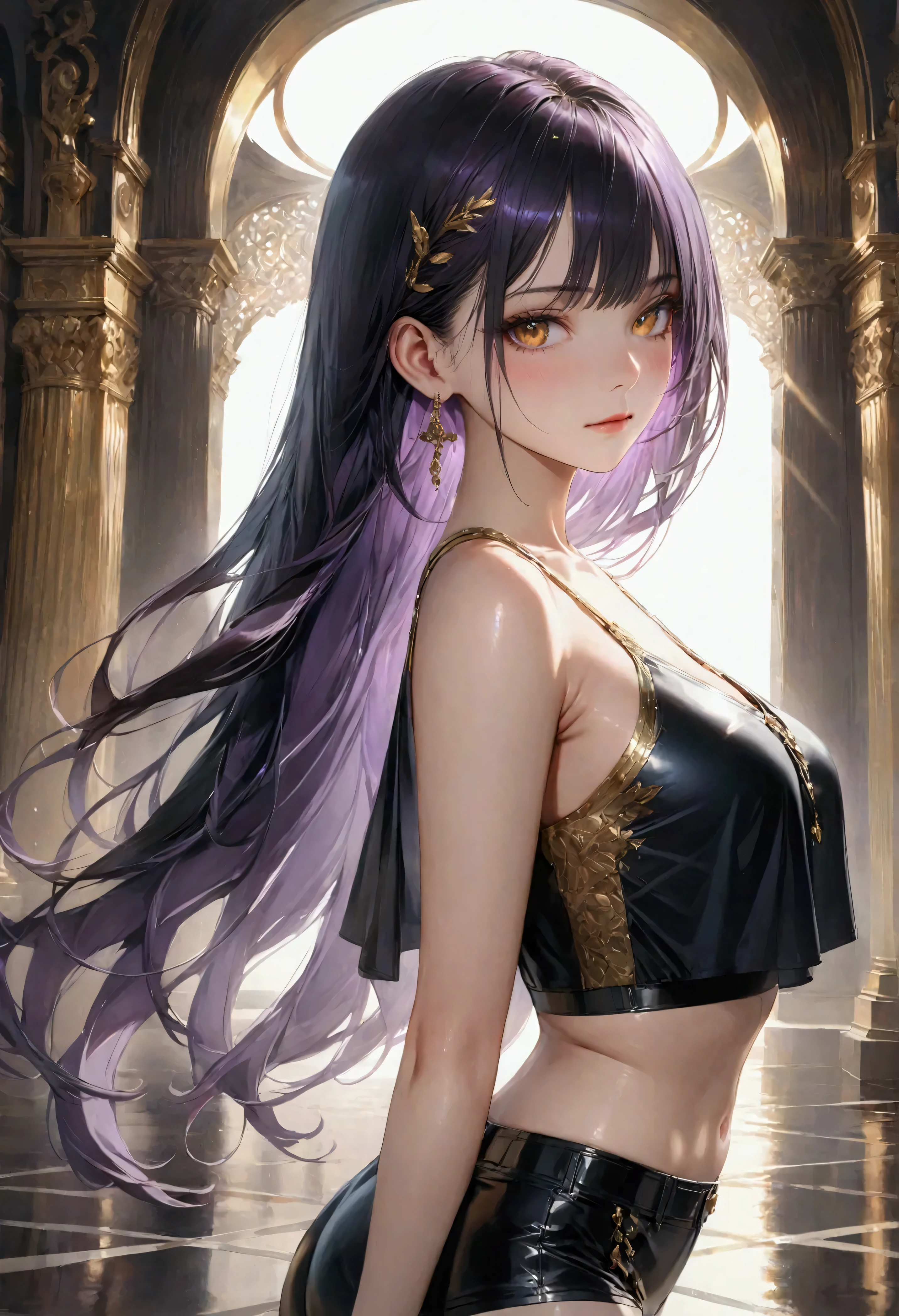 black hair, inner colored dark-purple hair, golden eyes, slender and athletic built, elegant dress, masterpiece, super detail, best quality, 8k,realistic