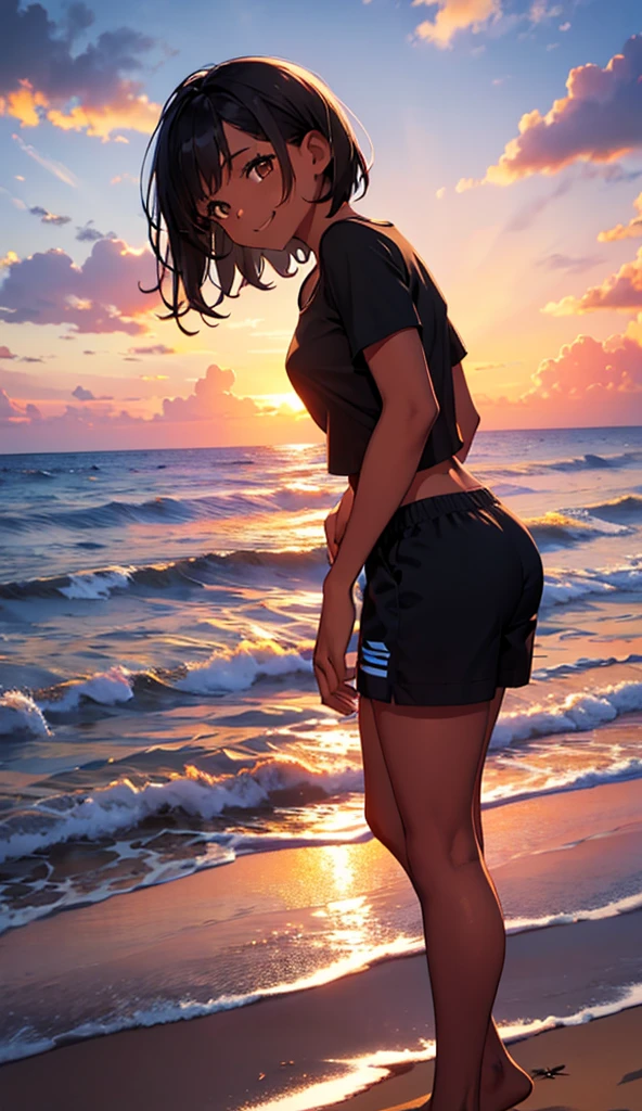 (best quality, high quality, ultra quality, Absurd:1.5), One girl, fighter, (Black Hair, Pixie Cut, Sunburn, Sunburnlines, Dark skinned women, Dark Skin:1.3), (gigantic 胸), Dark blue school swimsuit, Outdoor, sunset, beach, (ass pov), (Dutch angle:1.2),