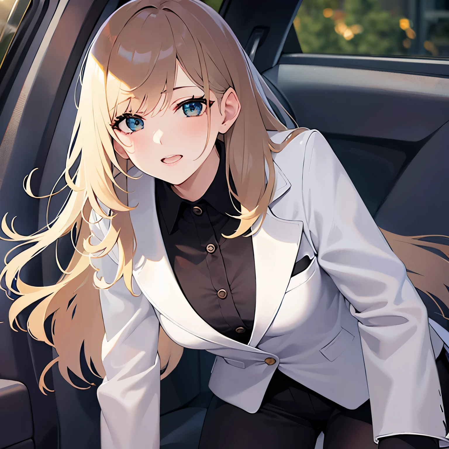masterpiece, highest quality,,(Sitting in a car seat),(underwear),panties,bra realistic,office suit,(Gray suit and white shirt)(((tight mini skirt))),(beautiful eyes),thin thighs,,full body image,bright lighting