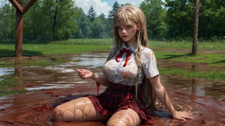 steam , wet and sweaty , wet white shirt , Soak in water , rain , muddy girl , dirty mud , partially submerged