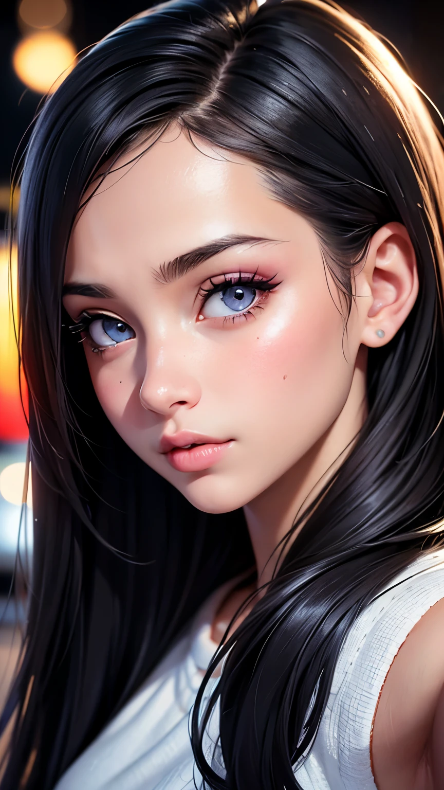 a teen girl taking a selfie, detailed face, beautiful detailed eyes, beautiful detailed lips, extremely detailed face, long eyelashes, cute expression, selfie pose, studio lighting, high quality digital art, realistic, photorealistic, 8k, detailed background, urban city street, colorful neon lights, soft bokeh, cinematic lighting, vibrant colors, detailed texture, fashion aesthetic