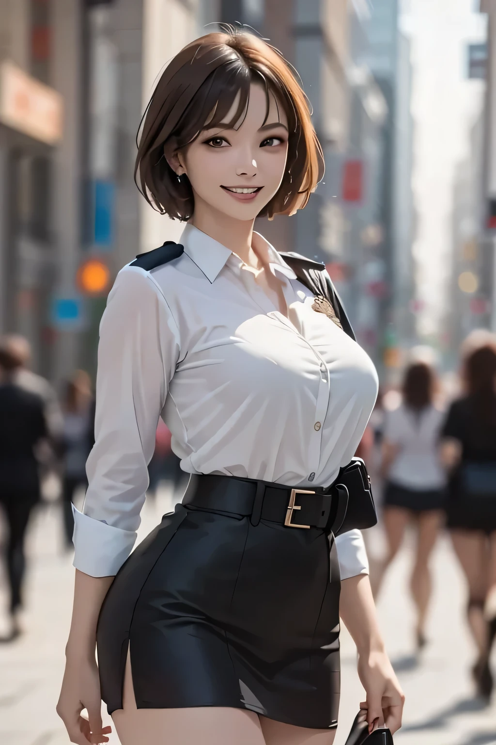 (masterpiece:1.2, Highest quality), (practical, photopractical:1.4), High-quality illustrations, (Natural Side Light, Cinema Lighting), Surrealism,
View your viewers, 1 female, 40 years old, Perfect Face, Glowing Skin,
(short hair, Straight hair), Brown eyes, Long eyelashes, (Large Breasts, Attractive thighs)
Beautiful Hair, Pretty face, Attention to detail, Beautiful body, Beautiful breasts, Beautiful thighs, Beautiful legs, Beautiful fingers,
(Wear a police uniform and a short skirt),
(Beautiful views), night, (street:1.2), walk, Sexy pose, (Cute smile, Open your lips slightly)