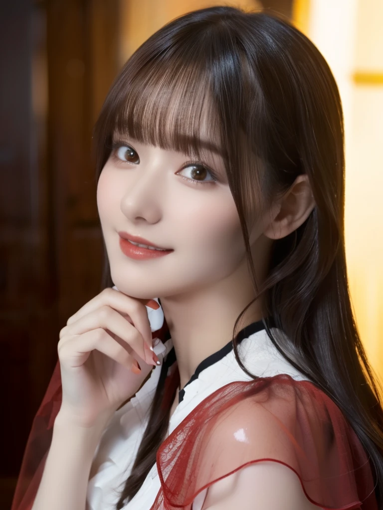 (Close up portrait of one girl with slender small breasts and long hair dull bangs in black blazer school uniform with red edging collar:1.5)、dim lighting, (smile :1.5)、(karaoke room:1.5)、(Perfect Anatomy:1.3)、(No mask:1.3)、(complete fingers:1.3)、Photorealistic、Photography、masutepiece、top-quality、High resolution, delicate and pretty、face perfect、Beautiful detailed eyes、Fair skin、Real Human Skin、((thin legs))、(Dark hair), (((open bresats:1.5))),