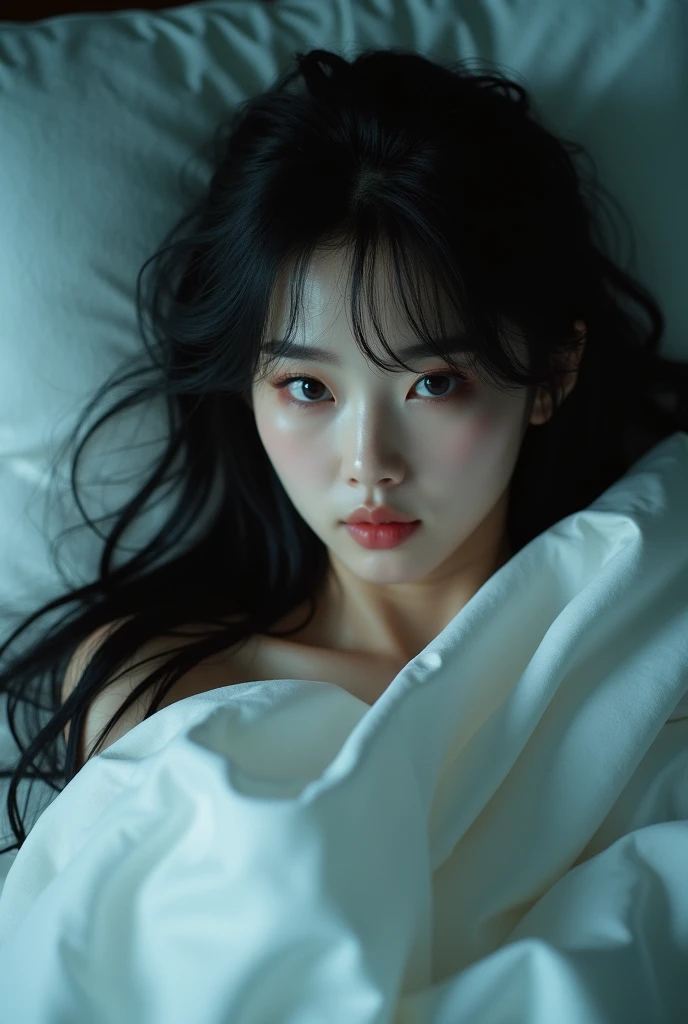 Naked Japanese woman sitting on the bed, Hug a big pillow "SeaArt Infinity" It is written there, Her huge breasts are hidden by the pillow, Her cleavage was exposed, Looking at the audience, Full Body Shot, Cinema Lighting, Shine, neon,