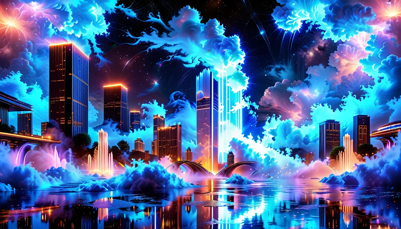 A Masterpiece In 32K Resolution, Supreme Quality, Super Detail, Official Art, Very High-Resolution 32K Wallpaper, Beautiful And Aesthetic, Ultra-Detailed Features, Awe-Inspiring Detail. An Enchanted Moonlit City-Towers Glitter Under The Light Of The Full Moon As Iridescent Rivers Flow Through The Streets, Cascading Into A Luminous Fountain. Nebula-Like Clouds Drift Above, And The Entire City Glows With A Bioluminescent Radiance, Framed By Stunning Galactic Vistas.