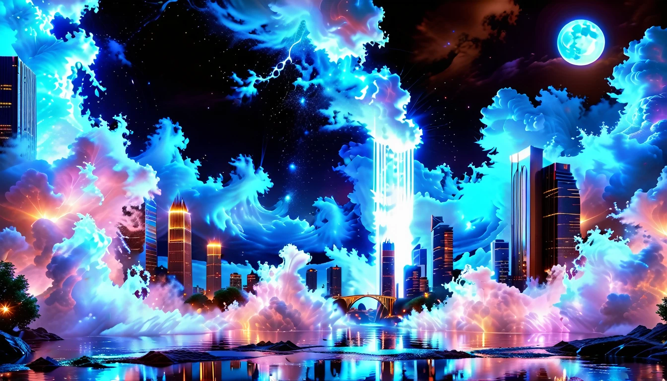 A Masterpiece In 32K Resolution, Supreme Quality, Super Detail, Official Art, Very High-Resolution 32K Wallpaper, Beautiful And Aesthetic, Ultra-Detailed Features, Awe-Inspiring Detail. An Enchanted Moonlit City-Towers Glitter Under The Light Of The Full Moon As Iridescent Rivers Flow Through The Streets, Cascading Into A Luminous Fountain. Nebula-Like Clouds Drift Above, And The Entire City Glows With A Bioluminescent Radiance, Framed By Stunning Galactic Vistas.