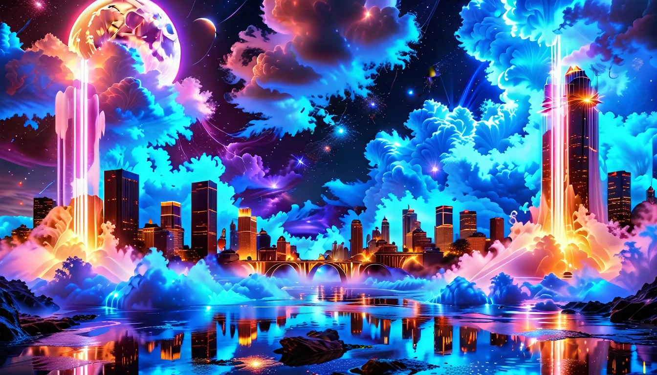 A Masterpiece In 32K Resolution, Supreme Quality, Super Detail, Official Art, Very High-Resolution 32K Wallpaper, Beautiful And Aesthetic, Ultra-Detailed Features, Awe-Inspiring Detail. An Enchanted Moonlit City-Towers Glitter Under The Light Of The Full Moon As Iridescent Rivers Flow Through The Streets, Cascading Into A Luminous Fountain. Nebula-Like Clouds Drift Above, And The Entire City Glows With A Bioluminescent Radiance, Framed By Stunning Galactic Vistas.