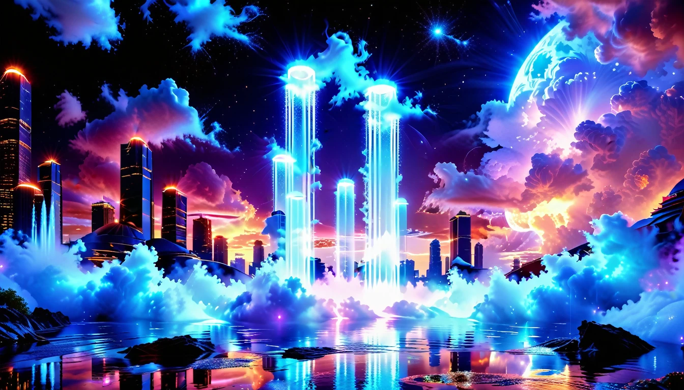 A Masterpiece In 32K Resolution, Supreme Quality, Super Detail, Official Art, Very High-Resolution 32K Wallpaper, Beautiful And Aesthetic, Ultra-Detailed Features, Awe-Inspiring Detail. An Enchanted Moonlit City-Towers Glitter Under The Light Of The Full Moon As Iridescent Rivers Flow Through The Streets, Cascading Into A Luminous Fountain. Nebula-Like Clouds Drift Above, And The Entire City Glows With A Bioluminescent Radiance, Framed By Stunning Galactic Vistas.