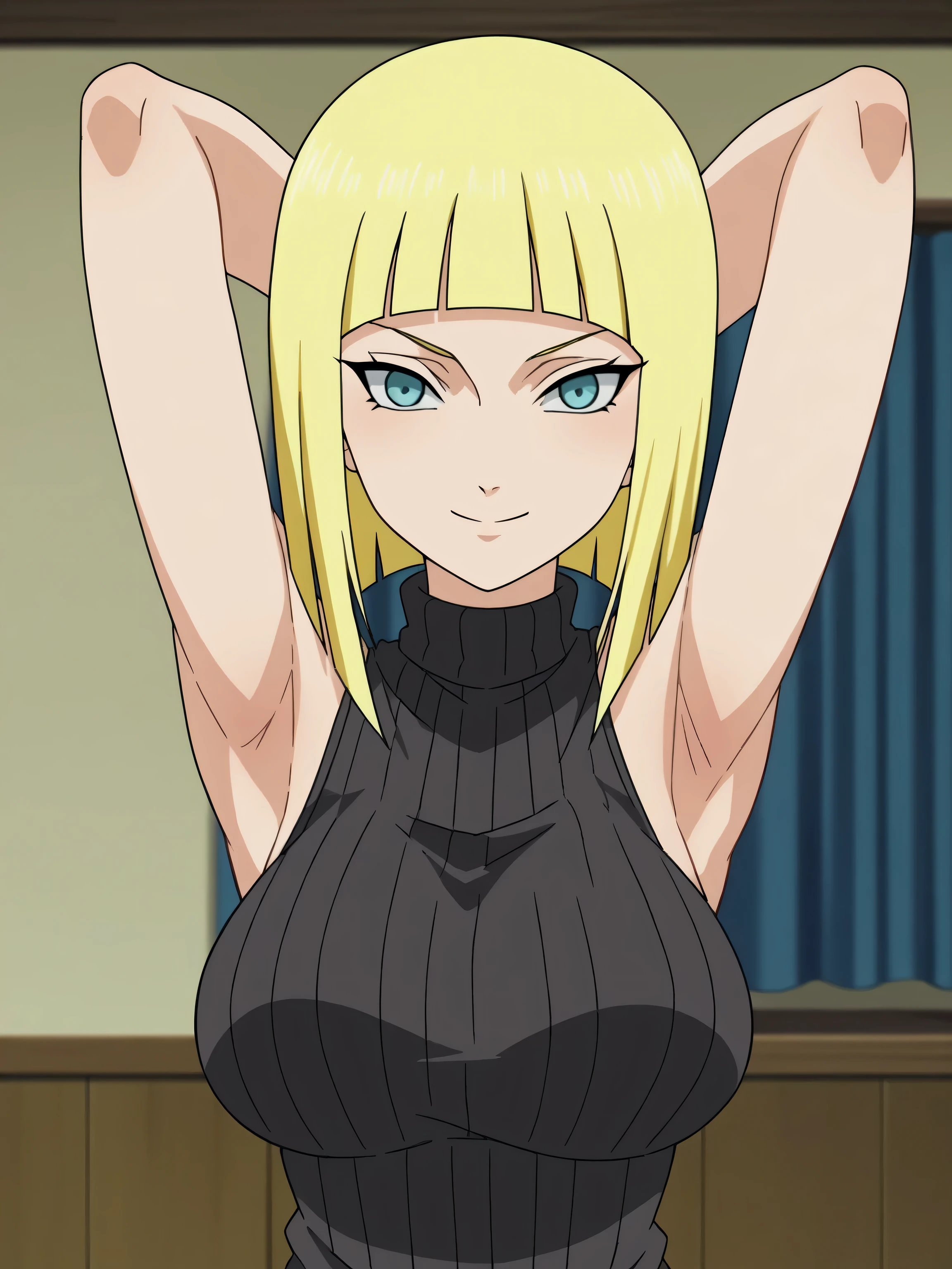 score_9, score_8_up, score_7_up, source_anime, anime screencap, indoors, 1girl, solo, samui, blue eyes, blonde hair, short hair, bangs, blunt bangs, large breasts, sweater, ribbed sweater, ribbed, turtleneck, turtleneck sweater, black sweater, sleeveless sweater, bare shoulders, bare arms, looking at viewer, head towards viewer, arms behind head, armpits, smile, closed mouth,