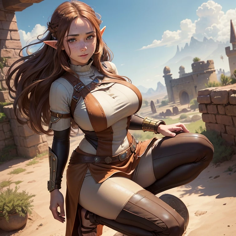 Anime Style,Nostalgic,Detailed background,The medieval world,A busy cave full of people,Smiling brown-haired bard beautiful elf girl holding coffee,Large Breasts,Healthy thighs,Underarm