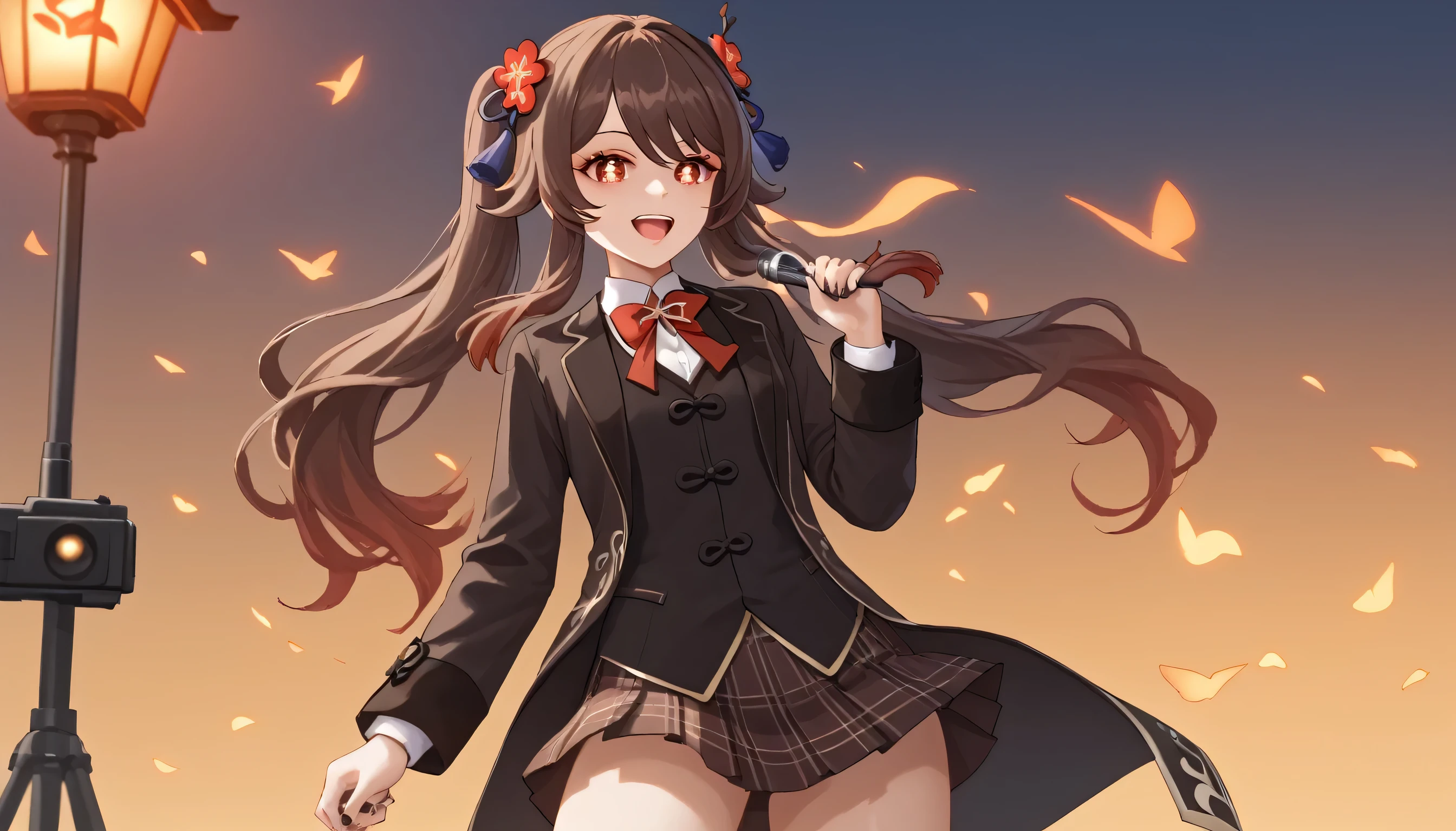 score_9, score_8_up, score_7_up, 1girl, hu tao, genshin impact hu tao, long hair, brown hair, red eyes, flower pupils, twintails, blunt bangs, sing, singing, open mouth, mic, half bodies, smile, positive vibes, ((looking at viewers, cowboy shot)), skirt, school uniform, jacket, plaid, kneehighs, plaid skirt, blazer, side pov, side camera view, holding a mic, solo, half body, simple background