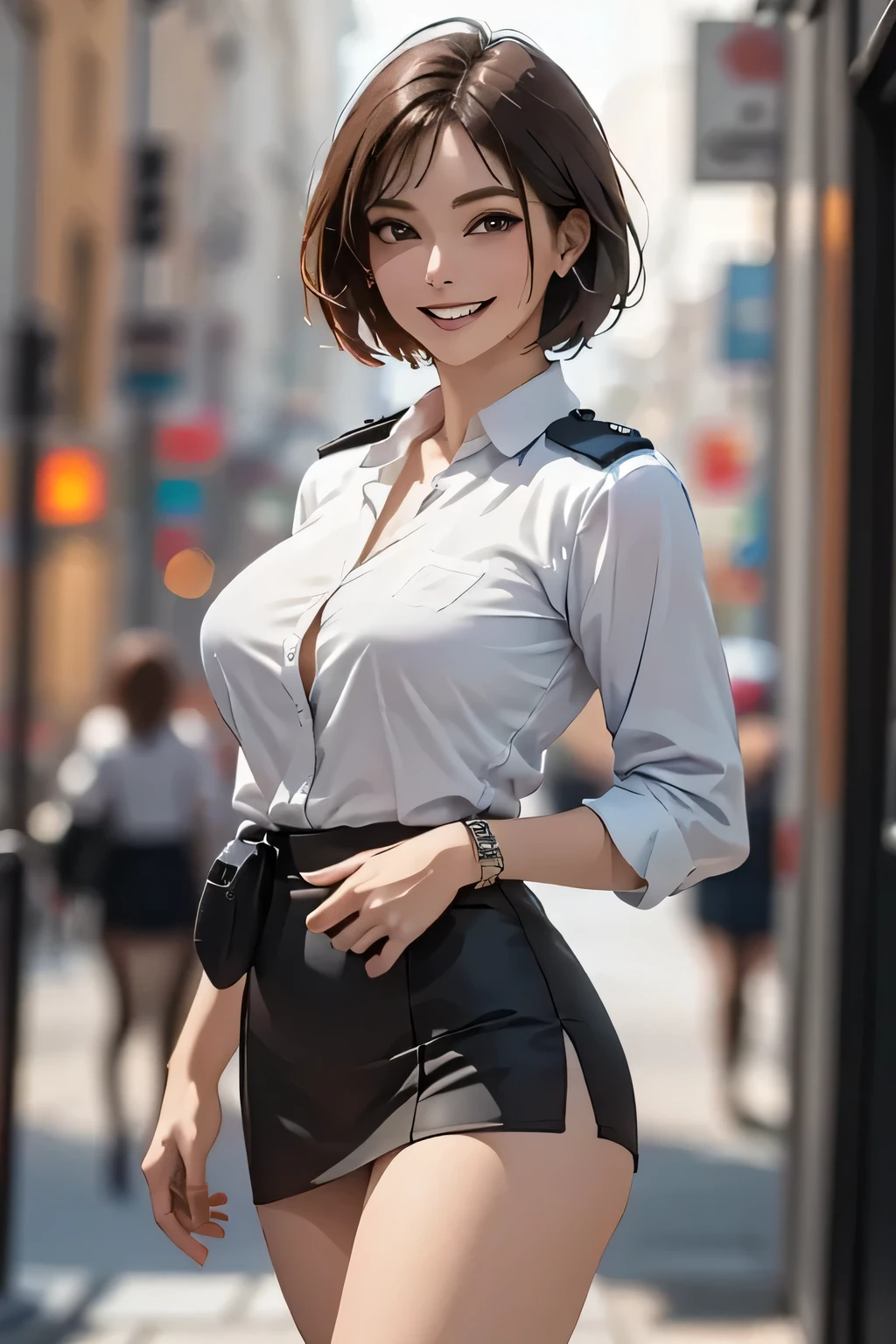 (masterpiece:1.2, Highest quality), (practical, photopractical:1.4), High quality illustrations, (Natural Side Light, Cinema Lighting), Surrealism, 
View your audience, 1 female, 40 years old, Perfect Face, Glowing Skin, 
(short hair, Straight hair), Brown eyes, Long eyelashes, (Large Breasts, Attractive thighs)
Beautiful Hair, Pretty face, Attention to detail, Beautiful body, Beautiful breasts, Beautiful thighs, Beautiful feet, Beautiful fingers, 
(Wear a police uniform and a short skirt),  
(Beautiful views), night, (street:1.2), walk, Sexy pose, (Cute Smile, Open your lips slightly)