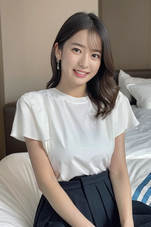 (Best Quality, 8k,),One Girl, Beautiful TV presenter lifts her skirt gracefully,Beautiful TV anchor lying in bed, White T-shirt、Great face and eyes、Iridescence、The beauty of Japan,Very see-through clothing、View the breasts、No lingerie、vulva、nude、Stolen、8k, Realistic、
Large Breasts, 