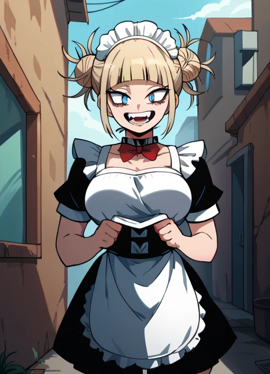 1 woman, Toga Himiko, my hero academia, alone, blonde, short hair, big breasts,high resolution, masterpiece, High details, Blue eyes, alley, Wide hips, maid uniform, sinister smile