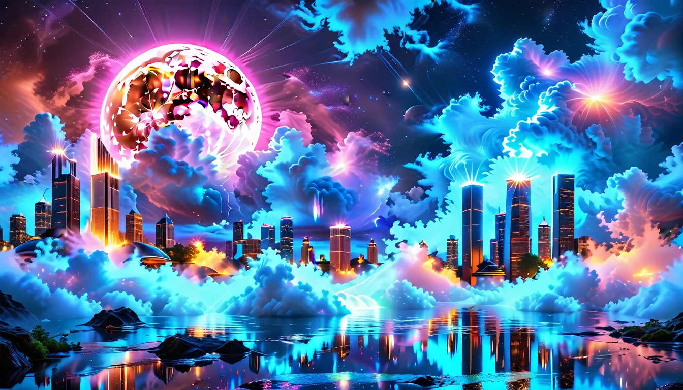 A Masterpiece In 32K Resolution, Supreme Quality, Super Detail, Official Art, Very High-Resolution 32K Wallpaper, Beautiful And Aesthetic, Ultra-Detailed Features, Awe-Inspiring Detail. An Enchanted Moonlit City-Towers Glitter Under The Light Of The Full Moon As Iridescent Rivers Flow Through The Streets, Cascading Into A Luminous Fountain. Nebula-Like Clouds Drift Above, And The Entire City Glows With A Bioluminescent Radiance, Framed By Stunning Galactic Vistas.