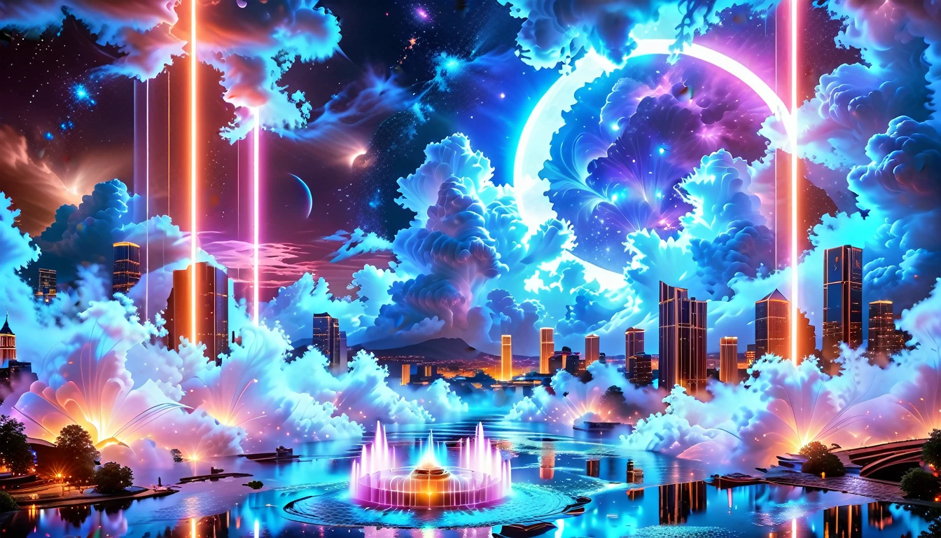 A Masterpiece In 32K Resolution, Supreme Quality, Super Detail, Official Art, Very High-Resolution 32K Wallpaper, Beautiful And Aesthetic, Ultra-Detailed Features, Awe-Inspiring Detail. An Enchanted Moonlit City-Towers Glitter Under The Light Of The Full Moon As Iridescent Rivers Flow Through The Streets, Cascading Into A Luminous Fountain. Nebula-Like Clouds Drift Above, And The Entire City Glows With A Bioluminescent Radiance, Framed By Stunning Galactic Vistas.