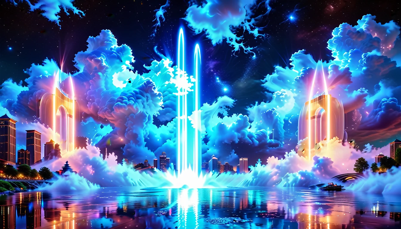 A Masterpiece In 32K Resolution, Supreme Quality, Super Detail, Official Art, Very High-Resolution 32K Wallpaper, Beautiful And Aesthetic, Ultra-Detailed Features, Awe-Inspiring Detail. An Enchanted Moonlit City-Towers Glitter Under The Light Of The Full Moon As Iridescent Rivers Flow Through The Streets, Cascading Into A Luminous Fountain. Nebula-Like Clouds Drift Above, And The Entire City Glows With A Bioluminescent Radiance, Framed By Stunning Galactic Vistas.