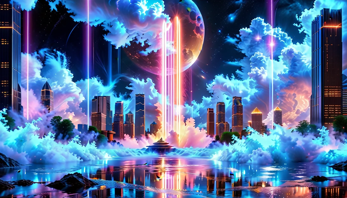 A Masterpiece In 32K Resolution, Supreme Quality, Super Detail, Official Art, Very High-Resolution 32K Wallpaper, Beautiful And Aesthetic, Ultra-Detailed Features, Awe-Inspiring Detail. An Enchanted Moonlit City-Towers Glitter Under The Light Of The Full Moon As Iridescent Rivers Flow Through The Streets, Cascading Into A Luminous Fountain. Nebula-Like Clouds Drift Above, And The Entire City Glows With A Bioluminescent Radiance, Framed By Stunning Galactic Vistas.