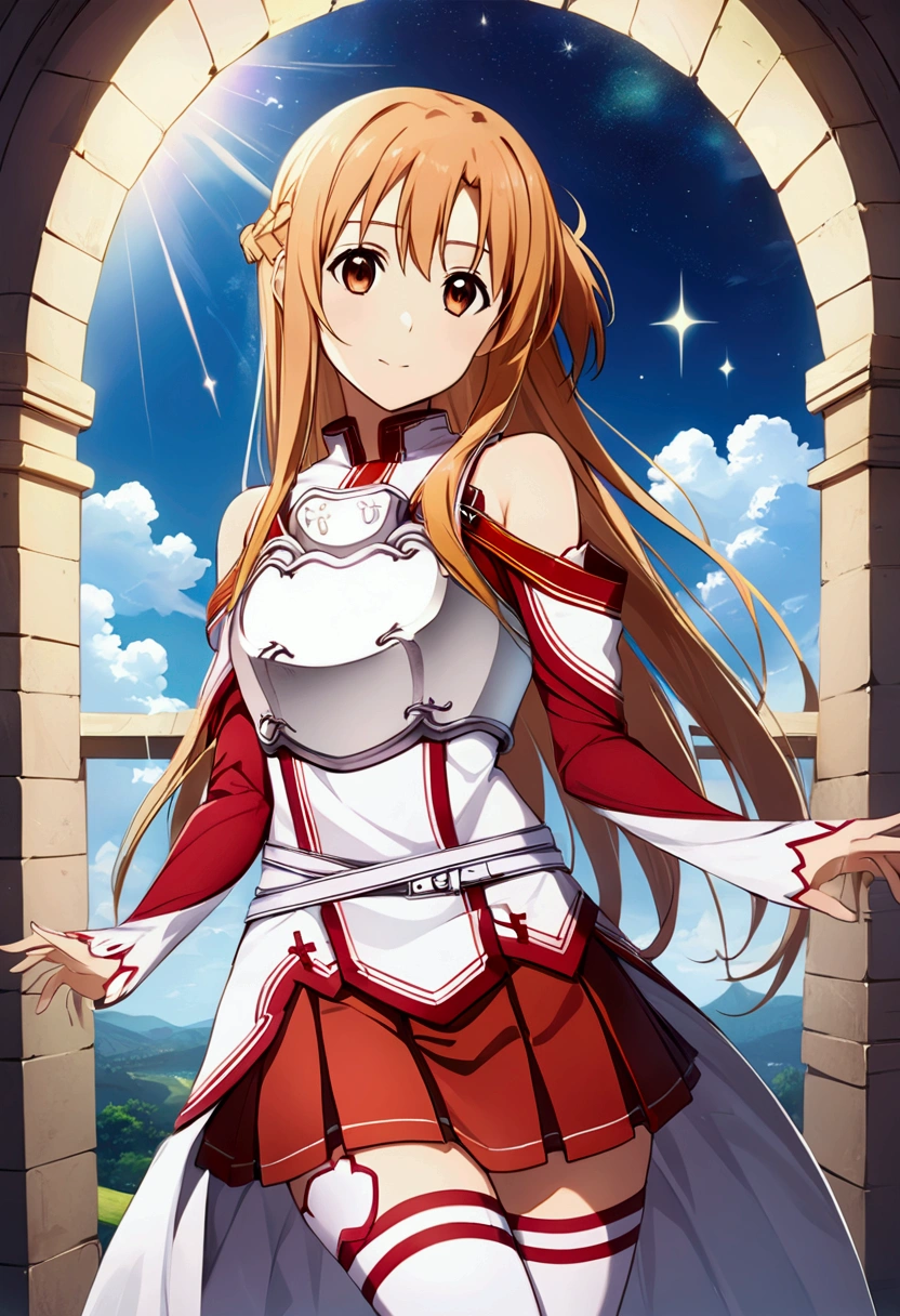 Yuuki Asuna, Yuuki Asuna SAO costume、White Armor、White breastplate、Red pleated skirt、White isolated sleeve、Bare shoulders、White thigh-high socks, Best Quality、unity 8k wallpaper、32K、Very detailed、Ultra-high resolution、Very detailedな顔、RAW Photos、professional、Ultra-fine painting, Anime Art