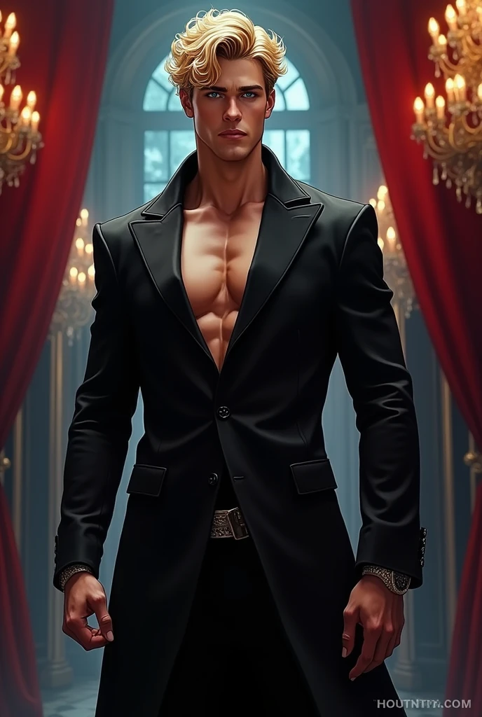 Sherlock Holmes is shirtless but with a peacoat on with a thick jockstrap with no pants on with a chiseled torso and v shape abs, a detailed face with clean lines. gorgeous eyes. in an 18th century English pub setting background.