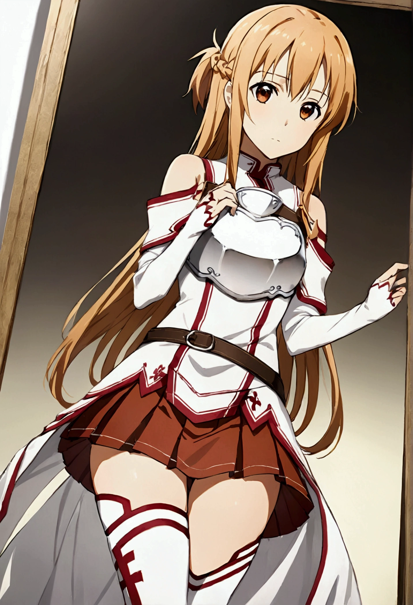 Yuuki Asuna, Yuuki Asuna SAO costume、White Armor、White breastplate、Red pleated skirt、White isolated sleeve、Bare shoulders、White thigh-high socks, Best Quality、unity 8k wallpaper、32K、Very detailed、Ultra-high resolution、Very detailedな顔、RAW Photos、professional、Ultra-fine painting, Anime Art