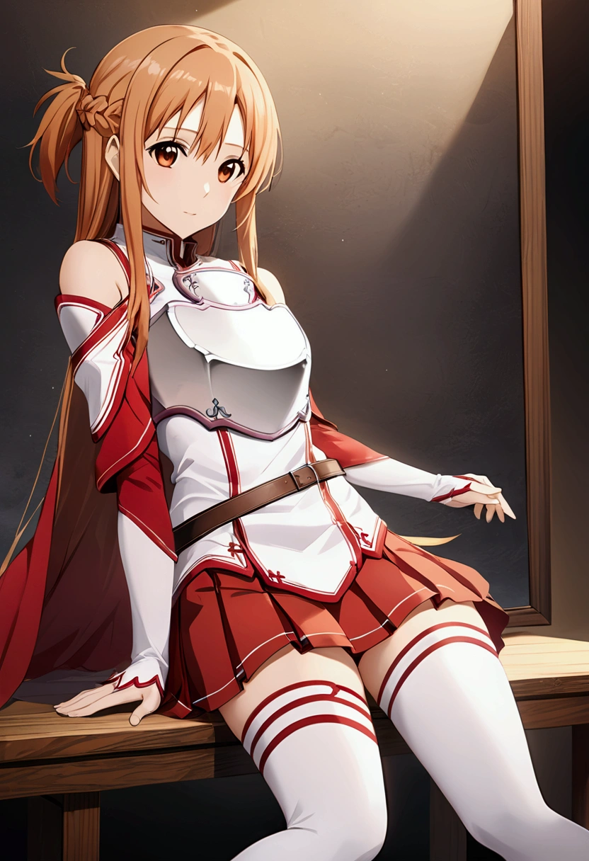 Yuuki Asuna, Yuuki Asuna SAO costume、White Armor、White breastplate、Red pleated skirt、White isolated sleeve、Bare shoulders、White thigh-high socks, Best Quality、unity 8k wallpaper、32K、Very detailed、Ultra-high resolution、Very detailedな顔、RAW Photos、professional、Ultra-fine painting, Anime Art