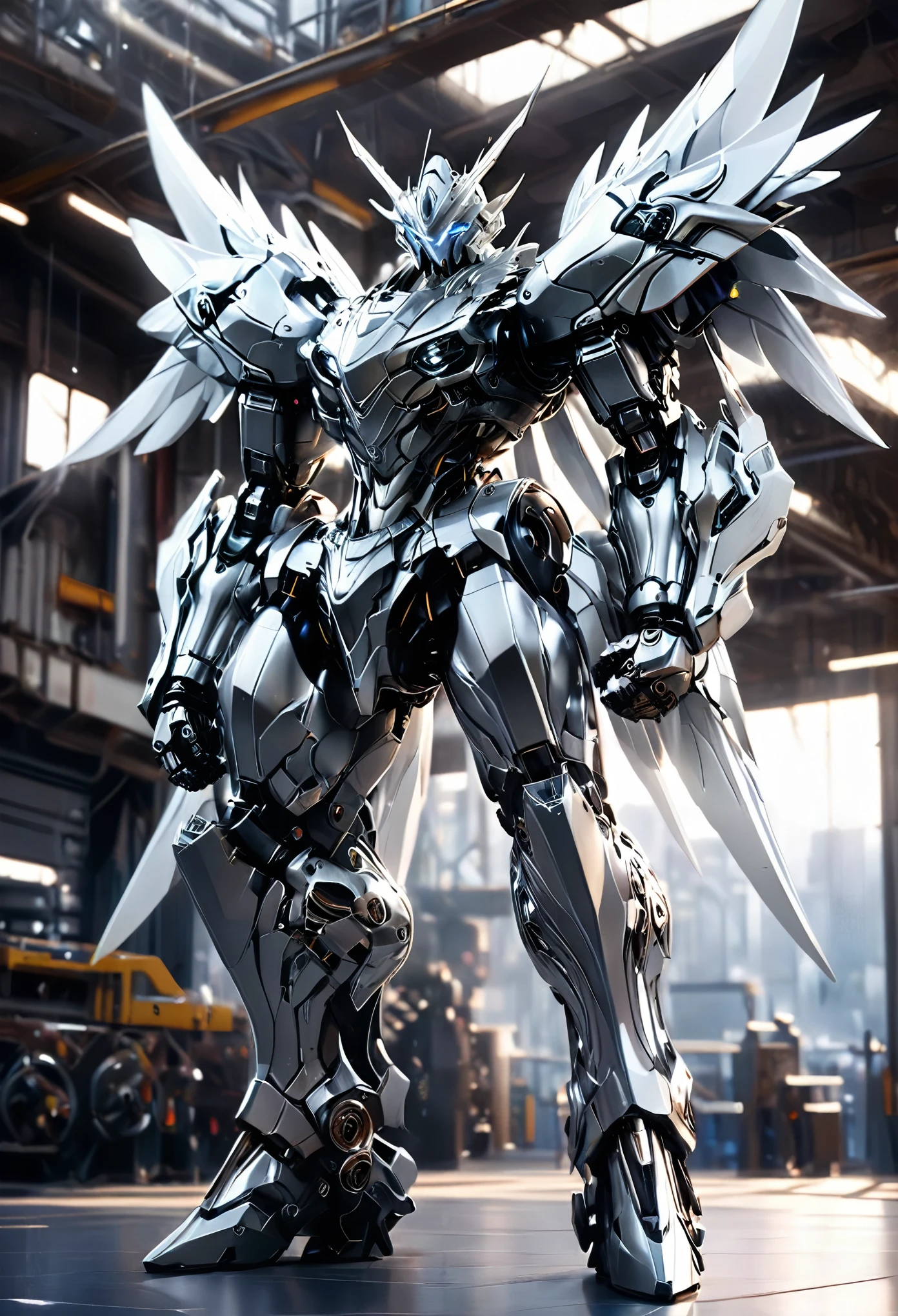 1 black/silver mecha seraphim, highly detailed, hyper realistic, silver accents, silver wings, cinematic lighting, photorealistic, 8k, best quality, intricate gears and machinery, powerful pose, glowing eyes, shiny metallic surfaces, dramatic shadows, depth of field, elegant design, dynamic composition, full body