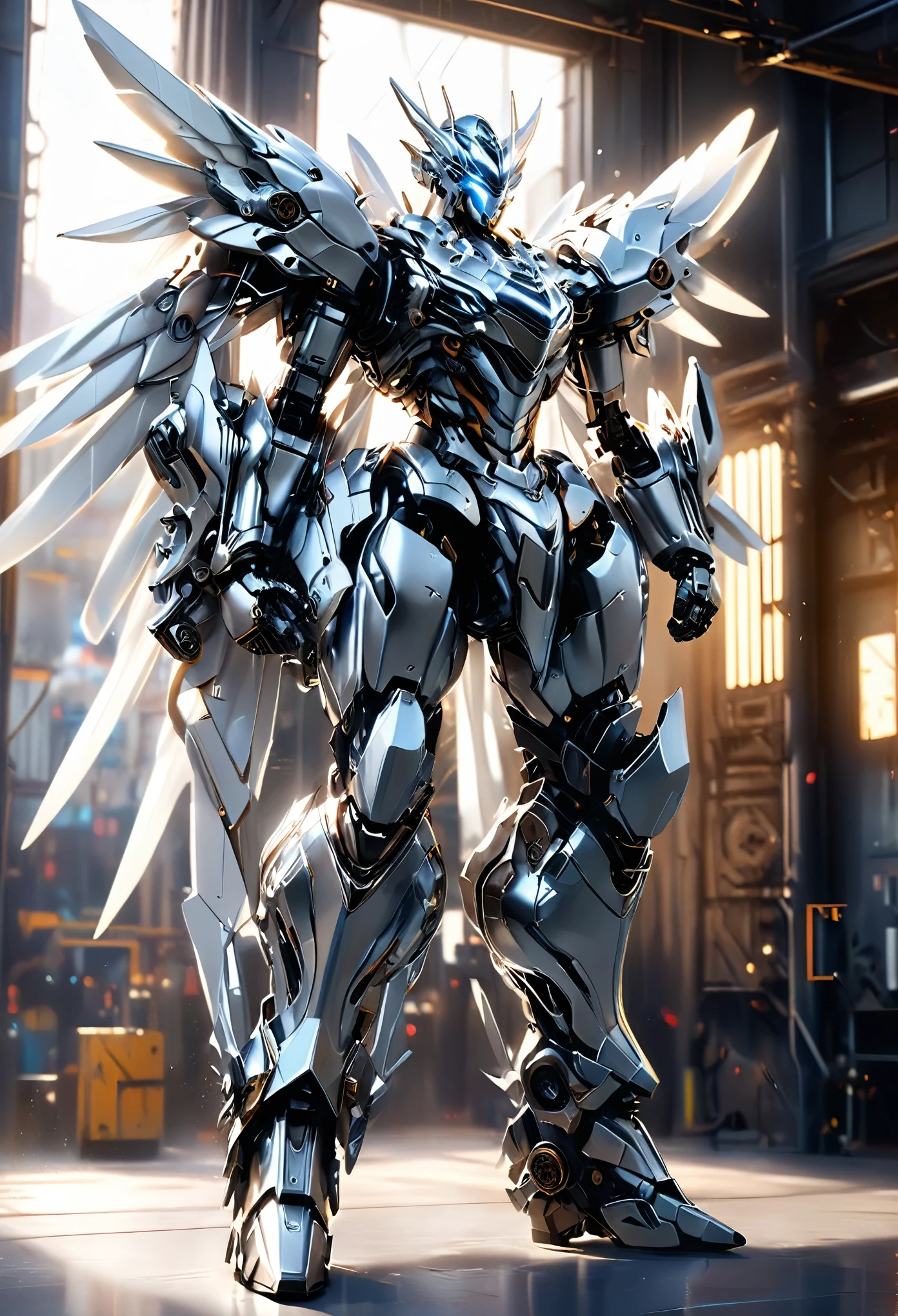 1 black/silver mecha angel, highly detailed, hyper realistic, silver accents, silver wings, cinematic lighting, photorealistic, 8k, best quality, intricate gears and machinery, powerful pose, glowing eyes, shiny metallic surfaces, dramatic shadows, depth of field, elegant design, dynamic composition, full body