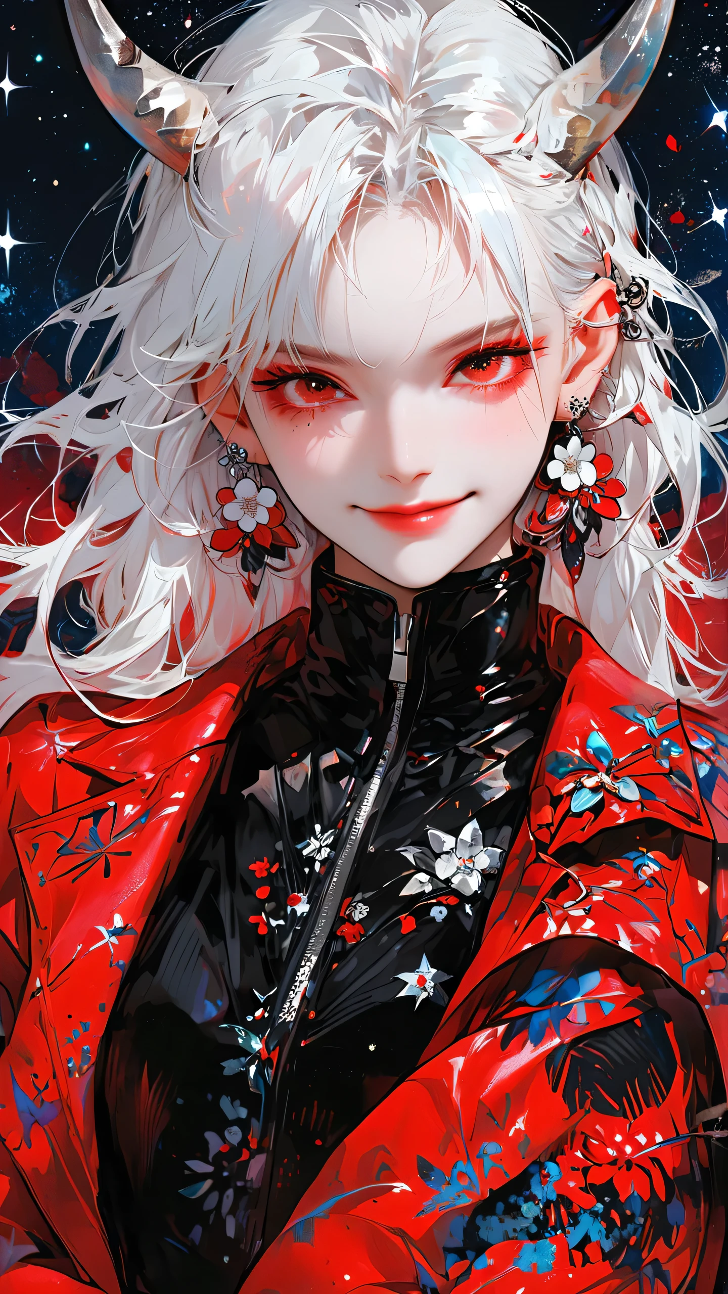 1girl, solo, smile, looking at viewer, bangs, red eyes, long sleeves, hair between eyes, jewelry, jacket, upper body, flower, white hair, cowboy shot, earrings, horns, medium hair, off shoulder, black jacket, floral print, white flower, red flower, red jacket, zipper, covered mouth, red horns, starry sky