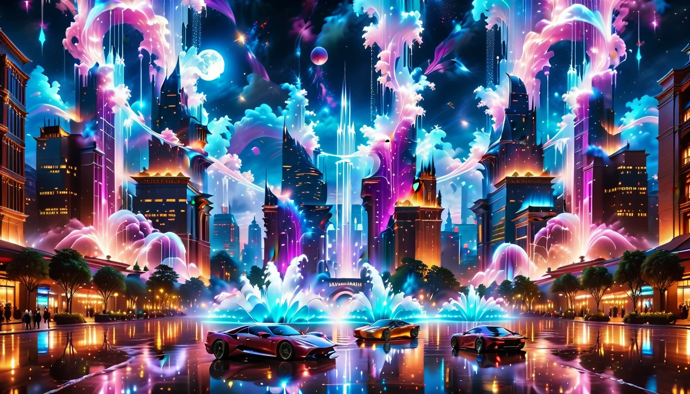 A Masterpiece In 32K Resolution, Supreme Quality, Super Detail, Official Art, Very High-Resolution 32K Wallpaper, Beautiful And Aesthetic, Ultra-Detailed Features, Awe-Inspiring Detail. An Enchanted Moonlit City-Towers Glitter Under The Light Of The Full Moon As Iridescent Rivers Flow Through The Streets, Cascading Into A Luminous Fountain. Nebula-Like Clouds Drift Above, And The Entire City Glows With A Bioluminescent Radiance, Framed By Stunning Galactic Vistas.