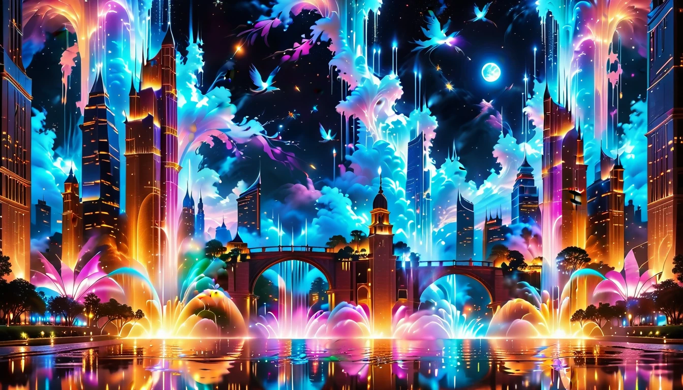 A Masterpiece In 32K Resolution, Supreme Quality, Super Detail, Official Art, Very High-Resolution 32K Wallpaper, Beautiful And Aesthetic, Ultra-Detailed Features, Awe-Inspiring Detail. An Enchanted Moonlit City-Towers Glitter Under The Light Of The Full Moon As Iridescent Rivers Flow Through The Streets, Cascading Into A Luminous Fountain. Nebula-Like Clouds Drift Above, And The Entire City Glows With A Bioluminescent Radiance, Framed By Stunning Galactic Vistas.