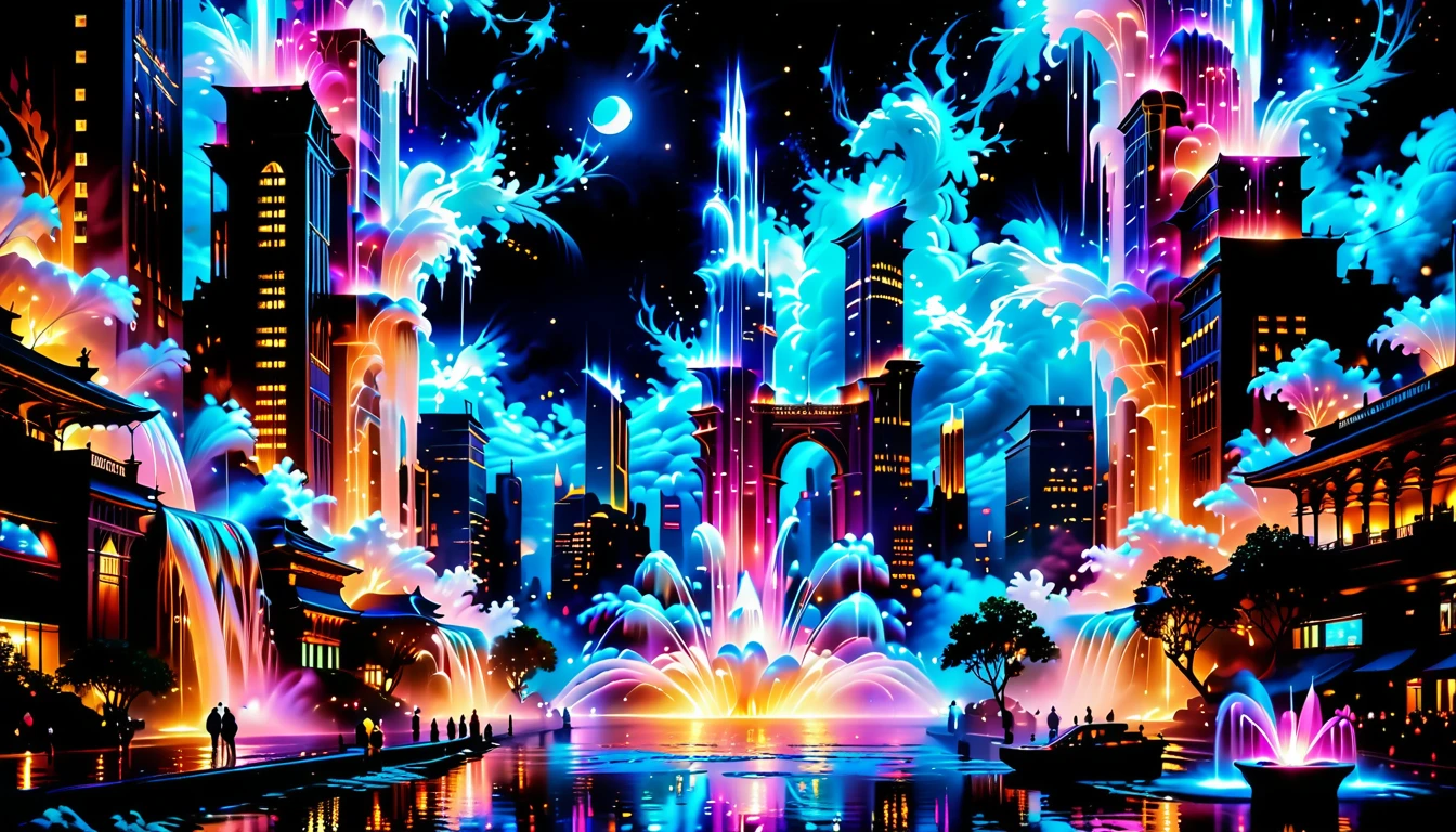 A Masterpiece In 32K Resolution, Supreme Quality, Super Detail, Official Art, Very High-Resolution 32K Wallpaper, Beautiful And Aesthetic, Ultra-Detailed Features, Awe-Inspiring Detail. An Enchanted Moonlit City-Towers Glitter Under The Light Of The Full Moon As Iridescent Rivers Flow Through The Streets, Cascading Into A Luminous Fountain. Nebula-Like Clouds Drift Above, And The Entire City Glows With A Bioluminescent Radiance, Framed By Stunning Galactic Vistas.