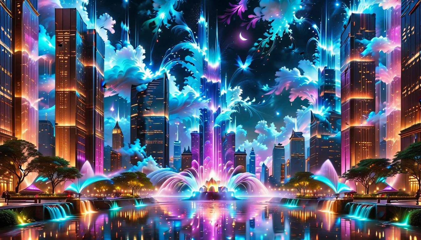 A Masterpiece In 32K Resolution, Supreme Quality, Super Detail, Official Art, Very High-Resolution 32K Wallpaper, Beautiful And Aesthetic, Ultra-Detailed Features, Awe-Inspiring Detail. An Enchanted Moonlit City-Towers Glitter Under The Light Of The Full Moon As Iridescent Rivers Flow Through The Streets, Cascading Into A Luminous Fountain. Nebula-Like Clouds Drift Above, And The Entire City Glows With A Bioluminescent Radiance, Framed By Stunning Galactic Vistas.