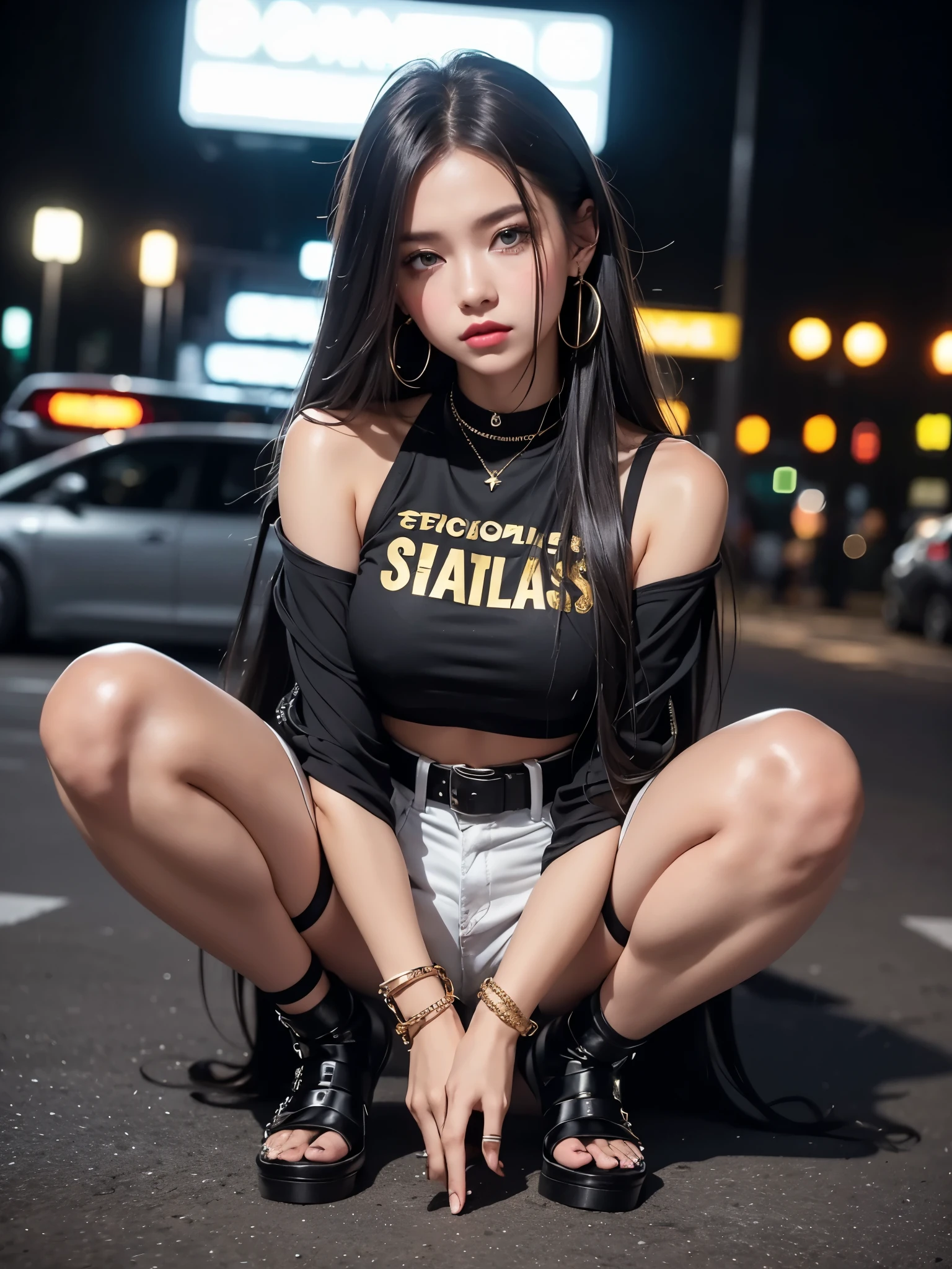 A young woman sitting on the ground in a stylish streetwear outfit. She is wearing a gold crop top paired with high-waisted black shorts, and a white studded belt around her waist. She has long, wavy hair that cascades over her shoulders. Her legs are adorned with thigh-high white leg warmers over chunky black platform sandals, creating a bold and fashionable look. The scene is set in an urban parking lot at night, with metal fencing and dim streetlights in the background, adding a gritty, edgy atmosphere. Her pose is casual yet confident, with her hands resting behind her head and one leg bent