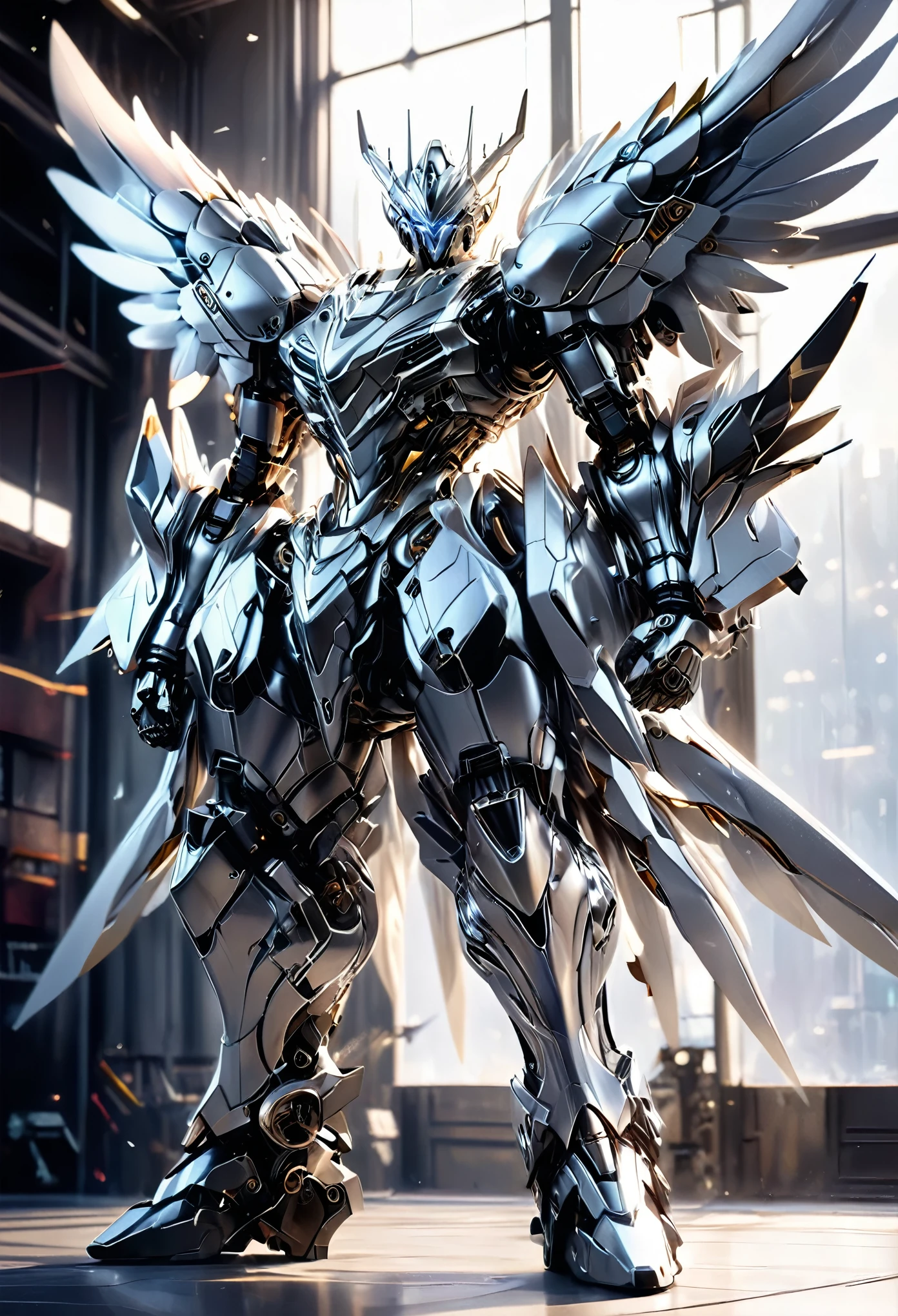 1 black mecha angel, highly detailed, hyper realistic, silver accents, wings, cinematic lighting, photorealistic, 8k, best quality, intricate gears and machinery, powerful pose, glowing eyes, shiny metallic surfaces, dramatic shadows, depth of field, elegant design, dynamic composition, full body