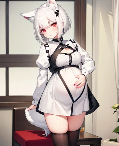 single, Wolf's Head, Wolf's tail, male、Chibi、 body type、Transgender、Women、Femboy, Light grey ears, Light grey hair, fur on arms, Hair on the legs, Hair grows all over the body,White panties, White socks, Face Viewer, Standing Pose、penis、Luxury Bras、Garter belt、Short Hair、Pink nipples、pubic hair、Creampie、Cream Pie、Sperm dripping from my crotch onto the floor。Flat Chest、cute、、Maid clothes、Unreal Engine、3DCG、Detailed depiction、A dark room at night、Light pink bed、Light Pink Wallpaper、A room decorated in pale pink、High heels