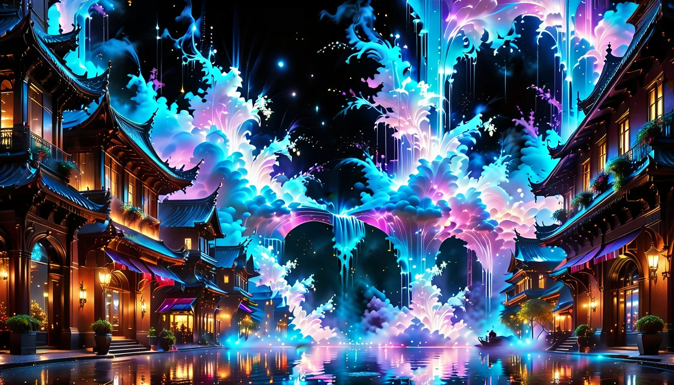 A Masterpiece In 32K Resolution, Supreme Quality, Super Detail, Official Art, Very High-Resolution 32K Wallpaper, Beautiful And Aesthetic, Ultra-Detailed Features, Awe-Inspiring Detail. An Enchanted Moonlit City-Towers Glitter Under The Light Of The Full Moon As Iridescent Rivers Flow Through The Streets, Cascading Into A Luminous Fountain. Nebula-Like Clouds Drift Above, And The Entire City Glows With A Bioluminescent Radiance, Framed By Stunning Galactic Vistas.