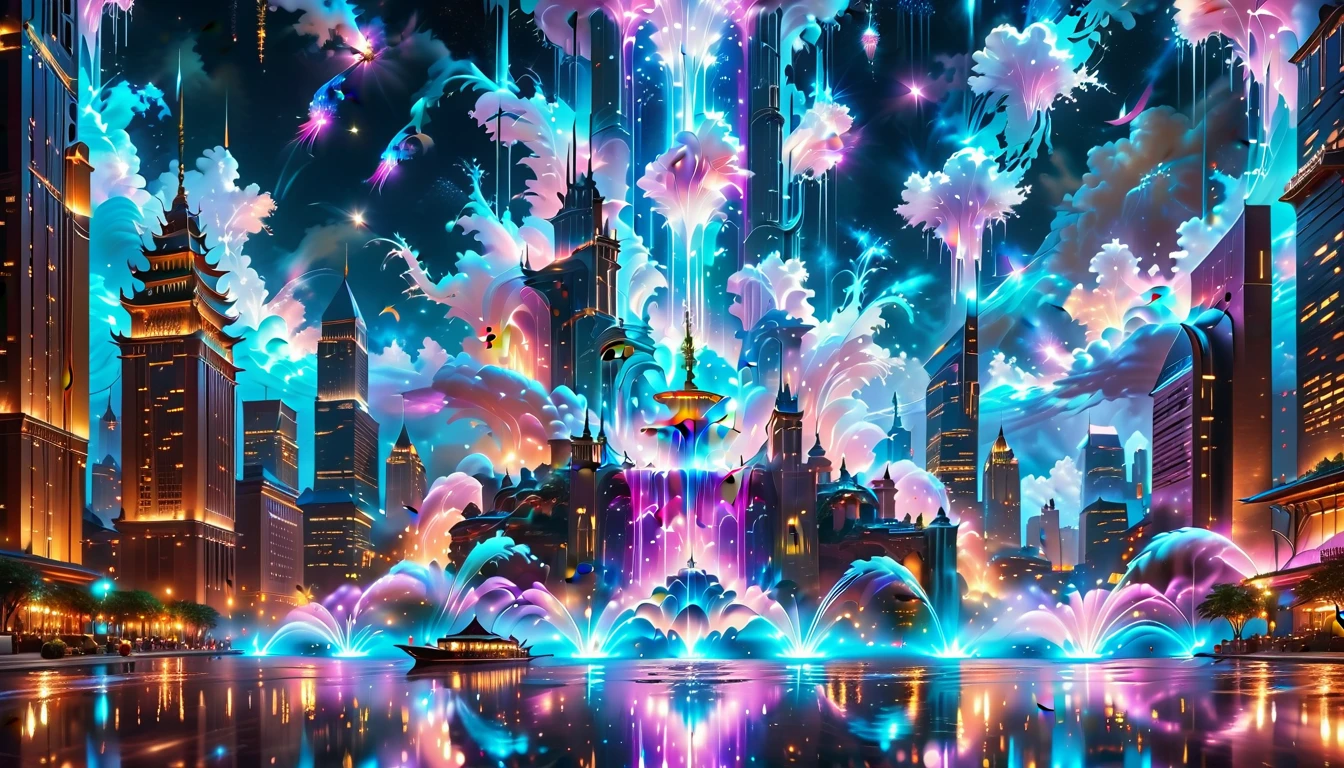 A Masterpiece In 32K Resolution, Supreme Quality, Super Detail, Official Art, Very High-Resolution 32K Wallpaper, Beautiful And Aesthetic, Ultra-Detailed Features, Awe-Inspiring Detail. An Enchanted Moonlit City-Towers Glitter Under The Light Of The Full Moon As Iridescent Rivers Flow Through The Streets, Cascading Into A Luminous Fountain. Nebula-Like Clouds Drift Above, And The Entire City Glows With A Bioluminescent Radiance, Framed By Stunning Galactic Vistas.