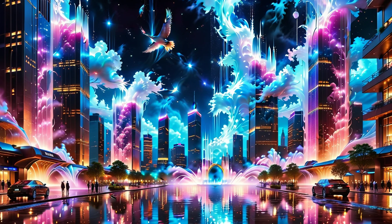 A Masterpiece In 32K Resolution, Supreme Quality, Super Detail, Official Art, Very High-Resolution 32K Wallpaper, Beautiful And Aesthetic, Ultra-Detailed Features, Awe-Inspiring Detail. An Enchanted Moonlit City-Towers Glitter Under The Light Of The Full Moon As Iridescent Rivers Flow Through The Streets, Cascading Into A Luminous Fountain. Nebula-Like Clouds Drift Above, And The Entire City Glows With A Bioluminescent Radiance, Framed By Stunning Galactic Vistas.