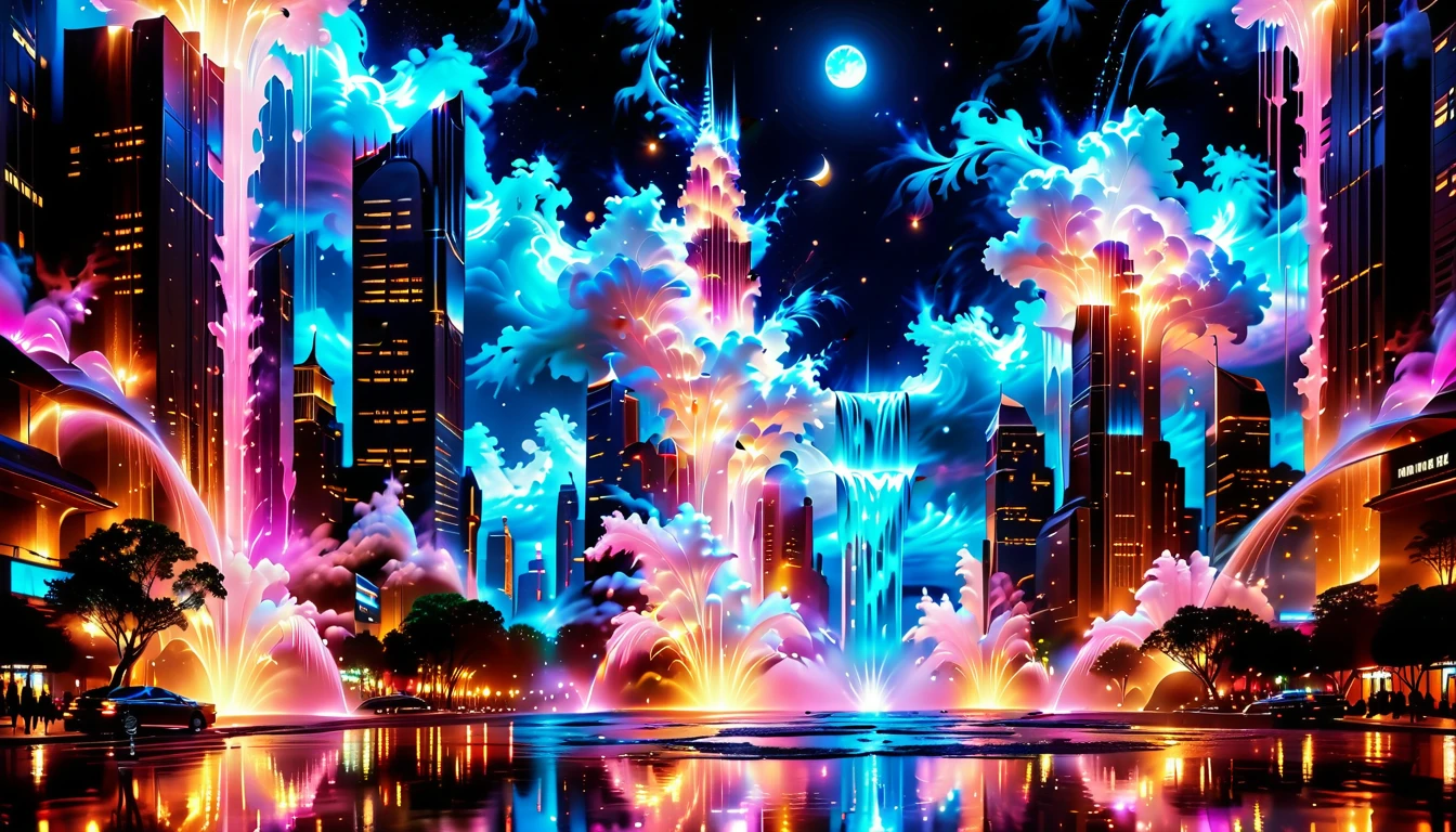 A Masterpiece In 32K Resolution, Supreme Quality, Super Detail, Official Art, Very High-Resolution 32K Wallpaper, Beautiful And Aesthetic, Ultra-Detailed Features, Awe-Inspiring Detail. An Enchanted Moonlit City-Towers Glitter Under The Light Of The Full Moon As Iridescent Rivers Flow Through The Streets, Cascading Into A Luminous Fountain. Nebula-Like Clouds Drift Above, And The Entire City Glows With A Bioluminescent Radiance, Framed By Stunning Galactic Vistas.