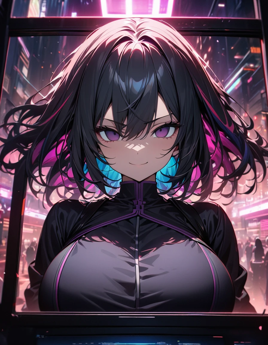 anime girl, 16 years, standing and crouching towards the viewer, big breasts, grin, open skirt, top neckline, cyberpunk futuristic world