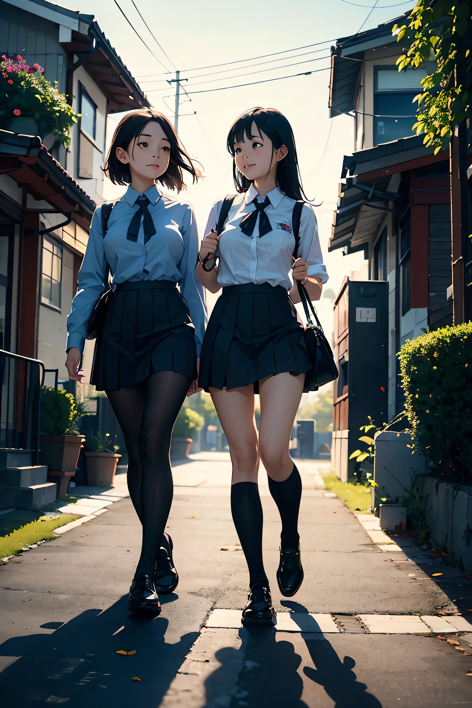 Extremely detailed and ultra-realistic CG illustration of two girls walking together towards school, with a younger girl in middle school uniform and an older girl in high school uniform. High-quality illumination and shading highlight the delicate beauty of the girls and their surroundings, capturing the moment with impeccable detail.