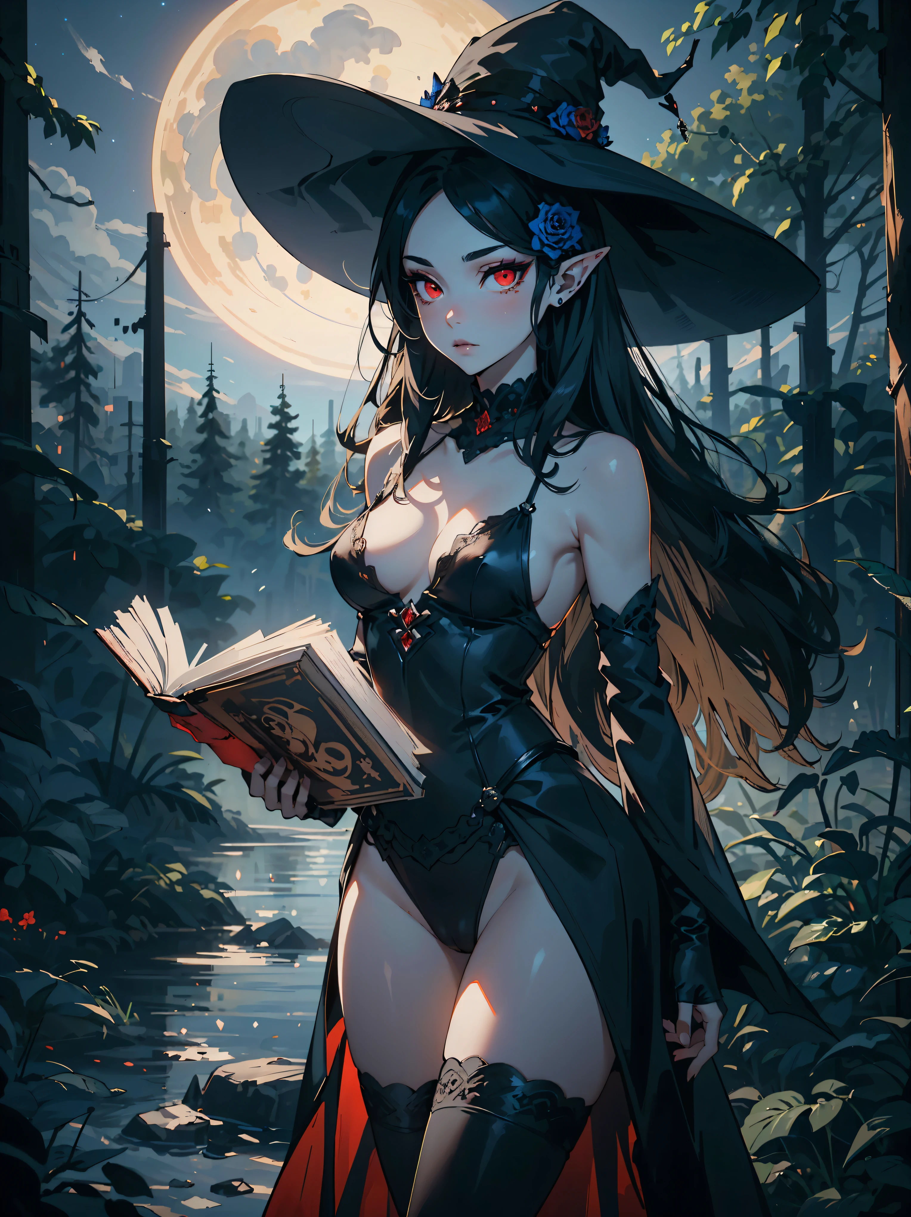 masterpiece, high quality, illustration, extremely detailed, nsfw, 1_woman, ((upper body)), (exotic skin_complexion:1.4), pale grey skin, mature, elegant, statuesque, tall, beautiful, exotic, with long elf ears, (looking away from the viewer), ((sexy pose)), stoic expression, serious face, (wearing black witch hat), (((blue rose in hair))), bare shoulders, wearing (diaphanous) robes, black choker, (thigh highs) with silver embroidery, ((holding book)), (((cameltoe))), long fingerless leather gloves, tall black boots, medium breasts, black gothic dress, black hair, long hair, realistic and detailed face having (((red eyes)), glowing eyes, dark_eyeliner, long_eyelashes), natural dynamic lighting casts detailed shadows, mist, fog, dark forest, crescent moon, night sky, starry night,