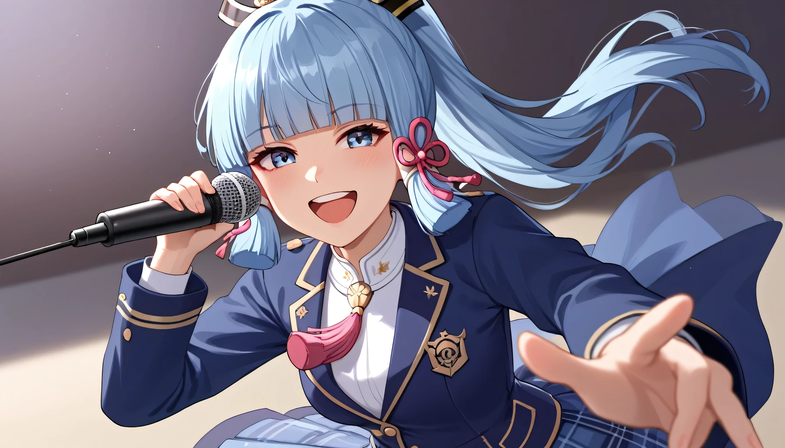 score_9, score_8_up, score_7_up, 1girl, ayaka, genshin impact ayaka, long hair, blue hair, blue eyes, ponytail, bangs, blunt bangs, sing, singing, open mouth, mic, half bodies, smile, positive vibes, ((looking at viewers, cowboy shot)), skirt, school uniform, jacket, plaid, kneehighs, plaid skirt, blazer, side pov, side camera view, holding a mic, solo, half body, simple background